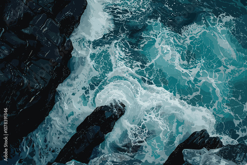 Ocean water background with foam. Ocean water splash. Not a calm Aerial view of rough ocean with waves and volcanic beach, porto Moniz Madeira, Portugal