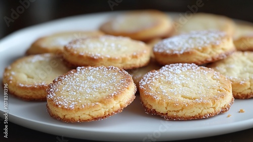 Buttery Shortbread Cookies with Powdered Sugar on a White Plate