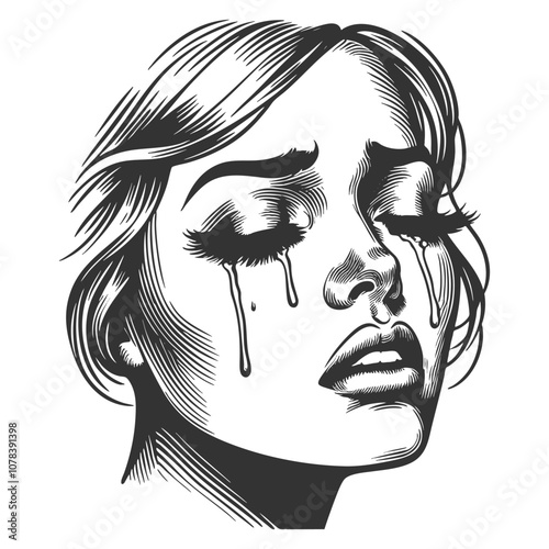 crying woman with tears and smudged mascara streaming down her face, deep sadness and emotion sketch engraving generative ai vector illustration. Scratch board imitation. Black and white image.