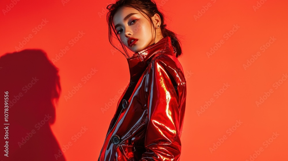 Fototapeta premium woman wearing a shiny colored leather trench coat and posing with dramatic lighting casting shadows on one side of the body standing against a plain background.