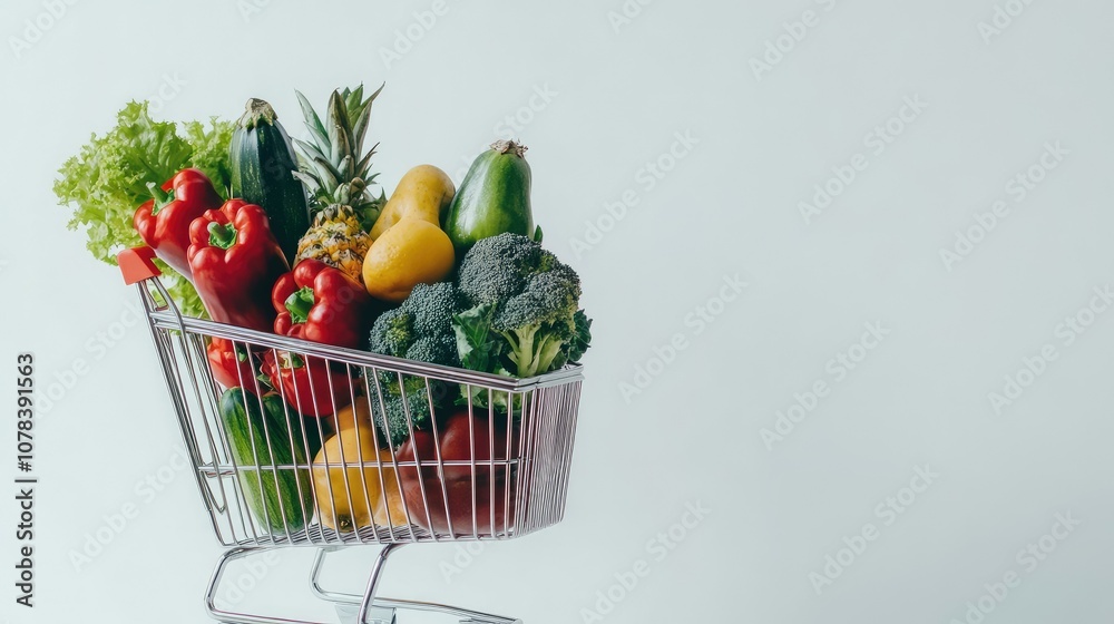 Loaded shopping cart with fresh produce and essentials, set against a white background for clarity. Loaded shopping cart with fresh produce and essentials, set against a white background for clarity.