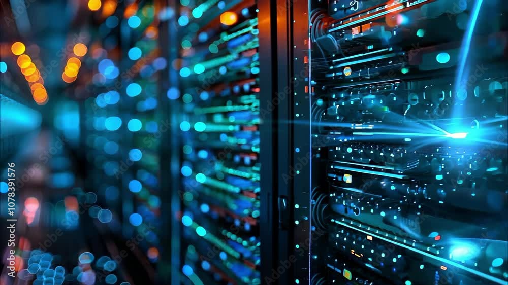 A close-up view of a data center with illuminated server racks and vibrant digital elements, representing advanced technology. A close-up view of a data center with illuminated server racks and vibrant digital elements, representing advanced technology.
