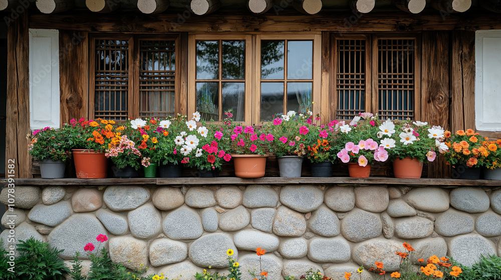 Fototapeta premium wooden house with flowers, Traditional Korean house, Hanok, flower pots placed in front of traditional houses