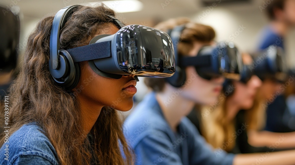High school students engaged in online simulations through virtual reality (VR) headsets, immersive learning environment facilitated by technology. High school students engaged in online simulations through virtual reality (VR) headsets, immersive learning environment facilitated by technology.