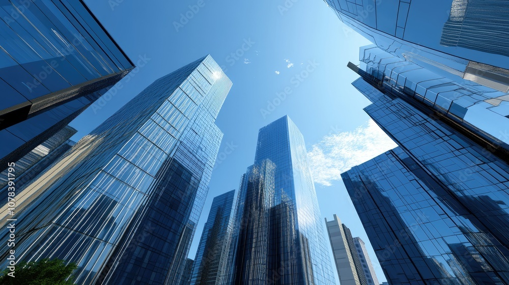 Looking up at modern skyscrapers from street level, with sharp lines and reflections, under a clear blue sky Looking up at modern skyscrapers from street level, with sharp lines and reflections, under a clear blue sky