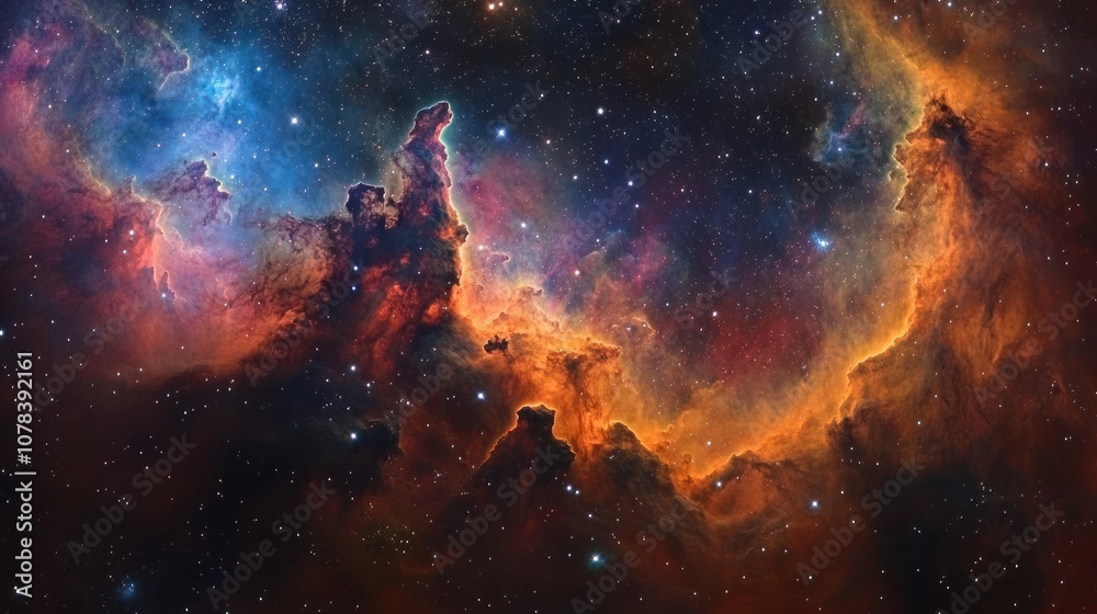 Obraz premium Mesmerizing cosmic sky with colorful nebulae lighting up the darkness, stars twinkling through clouds of gas and dust in deep space.