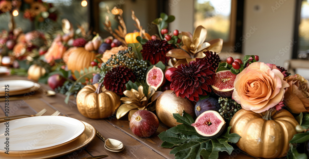 Fototapeta premium A long floral center piece for luxury thanksgiving party, the dinner table is a long rectangle shape, and the centerpiece in the center. made of large gold leaves with figs, pomegranates, and pumpkin.