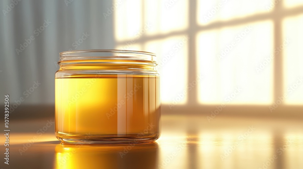 Clear glass jar of organic honey features a label-free design, glowing in bright light Clear glass jar of organic honey features a label-free design, glowing in bright light