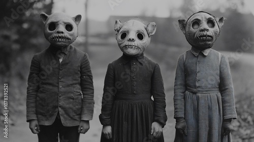 Three children in unsettling masks, standing outdoors in vintage black and white photo.
