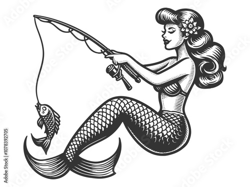 mermaid holding a fishing rod, reeling in a fish. Pin-up style design with classic details sketch engraving generative ai vector illustration. Scratch board imitation. Black and white image.