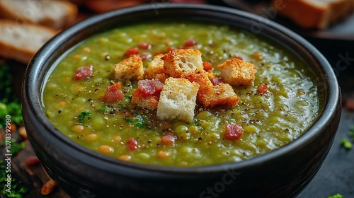 Classic Split Pea Soup with Croutons and Bacon Bits Recipe