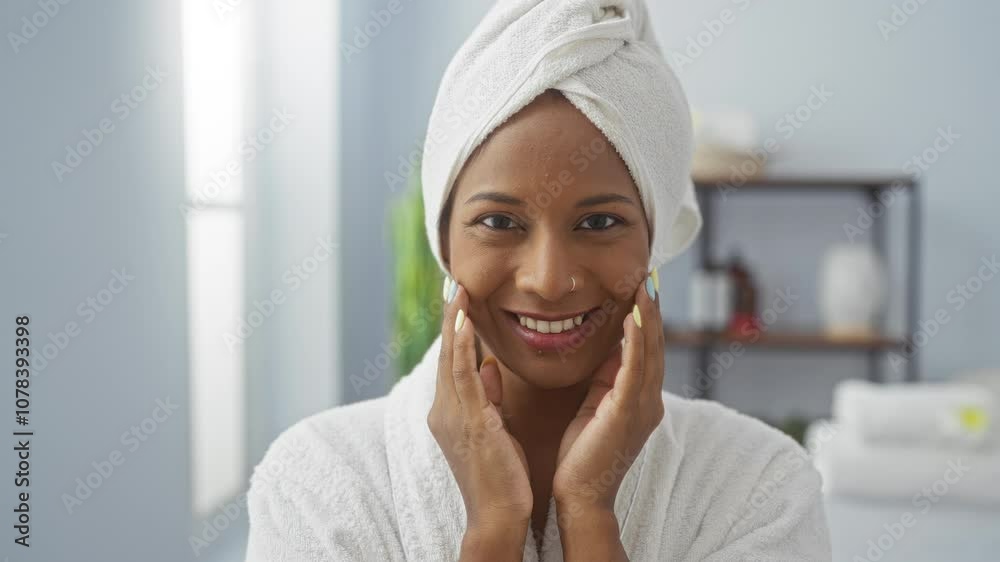 Woman smiling with a towel wrapped around her head in a spa salon's bright, serene interior, showcasing a sense of relaxation and wellness Woman smiling with a towel wrapped around her head in a spa salon's bright, serene interior, showcasing a sense of relaxation and wellness
