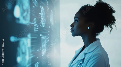 Side profile of a Black female doctor looking at a simple healthcare AI data hologram soft ambient lighting