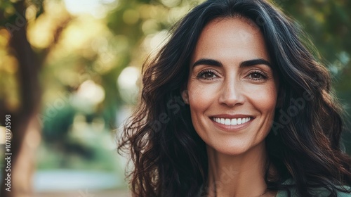 Radiant Woman Smiling Outdoors - A Portrait of Joyful Beauty photo