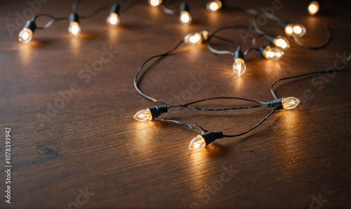 A string of lights lays on a wooden surface, illuminating the space with a warm glow