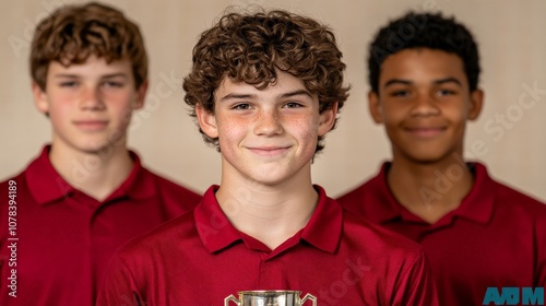 Youthful Triumph:  Three young athletes, beaming with pride, stand united, holding a silver trophy. Their youthful energy and shared accomplishment radiate a sense of camaraderie and achievement.   photo