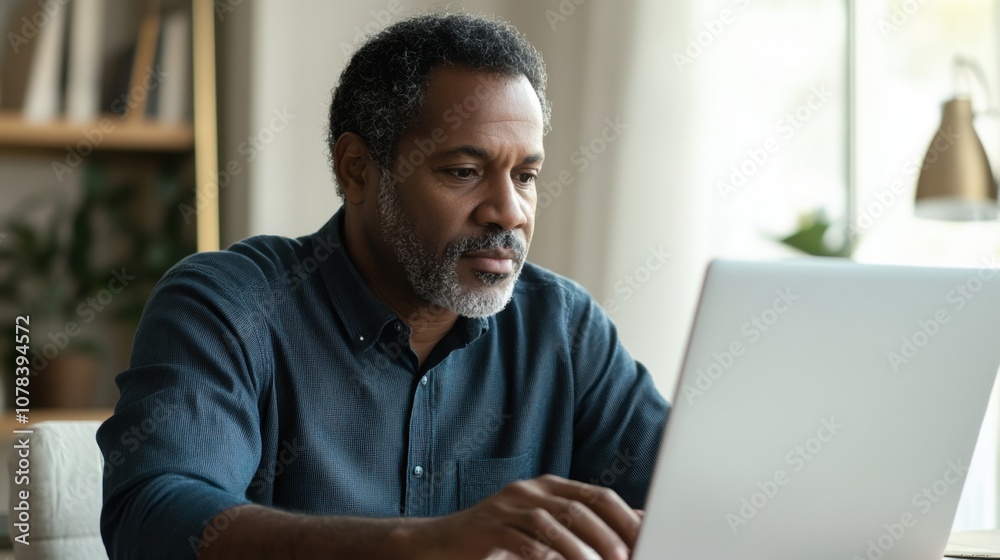Person using computer for e-learning middle-aged African American man with short curly hair bright room clean background copy space Person using computer for e-learning middle-aged African American man with short curly hair bright room clean background copy space