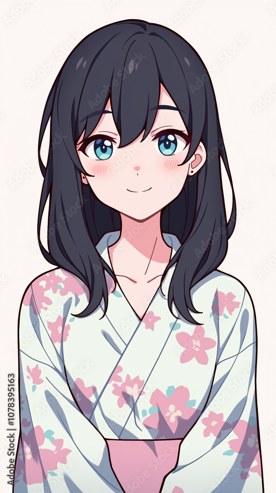 Smiling Anime Girl in Kimono - Adorable Digital Art Smiling Anime Girl in Kimono - Adorable Digital Art