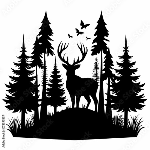 Deer and Forest Silhouette Vector Set – Wildlife Landscape Scenes with Trees for Nature and Adventure Designs
