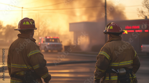 Two firefighters inspect the fire scene as smoke builds after the fire is brought under control