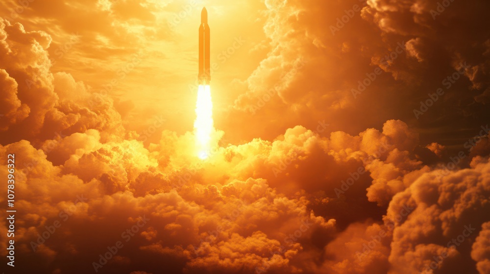 Obraz premium Powerful rocket launch with flames and thick smoke plume filling the sky, dramatic energy