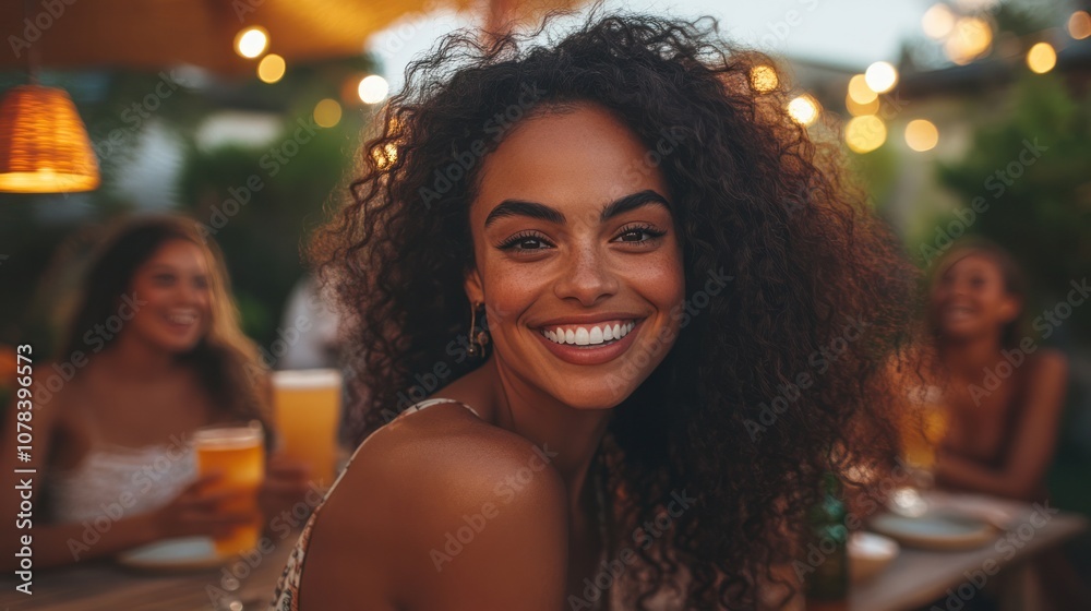 A group of friends at a backyard party, centered around a beautiful woman with a joyful smile, as everyone enjoys drinks and each other's company. A group of friends at a backyard party, centered around a beautiful woman with a joyful smile, as everyone enjoys drinks and each other's company.