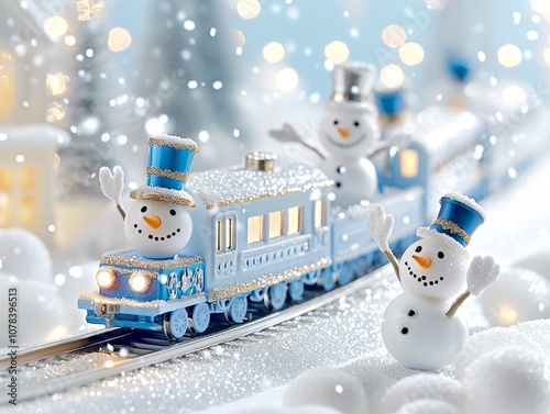 Festive holiday train surrounded by snowy landscapes and Christmas decorations, creating a magical scene photo