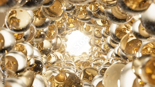 Gold cosmetic serum with liquid bubbles in a 3D abstract background. Hydrating essence gel enriched with collagen molecules. Moisturizing cream or oil for advanced skincare, beauty, and skin health.