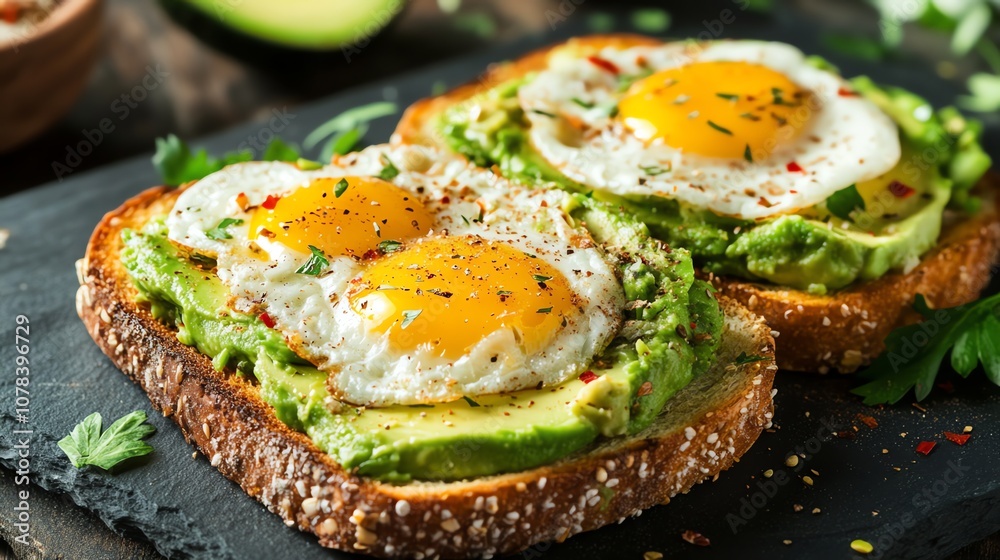 Avocado toast with fried eggs. Avocado toast with fried eggs.