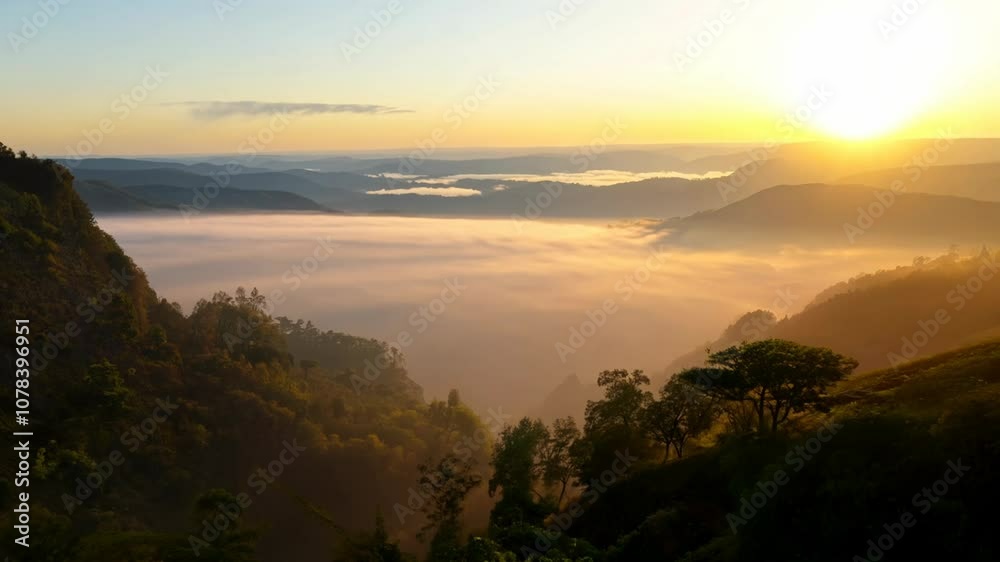 A wide static shot of a breathtaking sunrise over a misty valley. A wide static shot of a breathtaking sunrise over a misty valley.