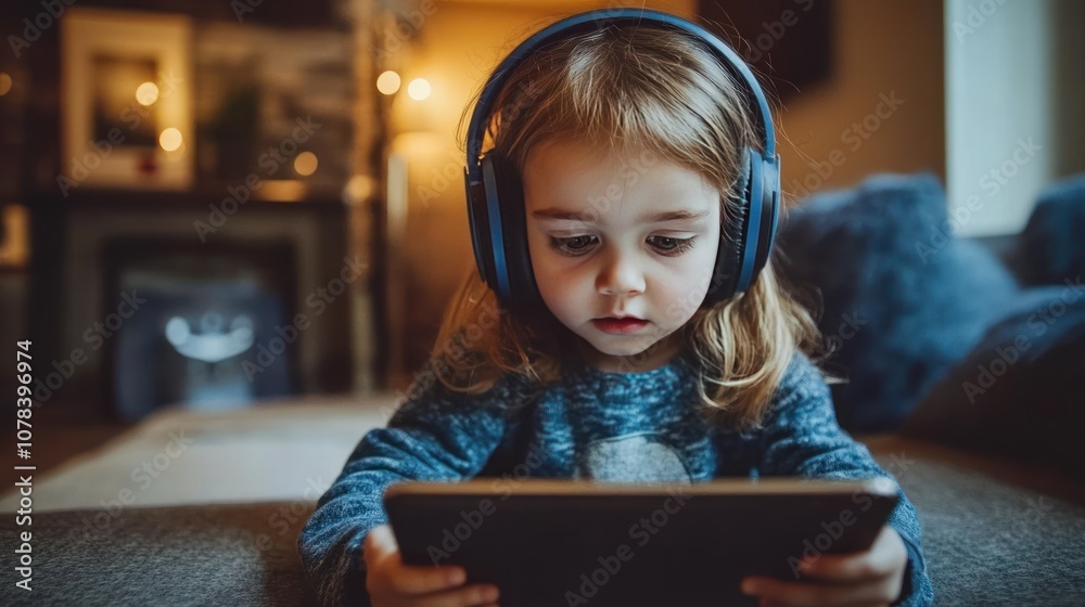 Young student using a tablet for distance learning, engaged in a virtual classroom session with headphones on. Young student using a tablet for distance learning, engaged in a virtual classroom session with headphones on.