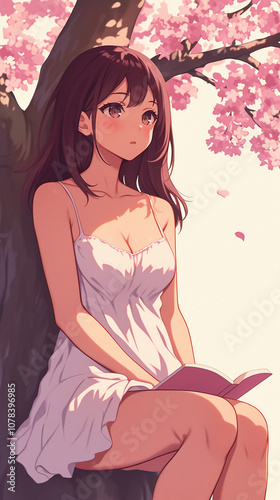 Anime Girl Reading Under Cherry Blossoms