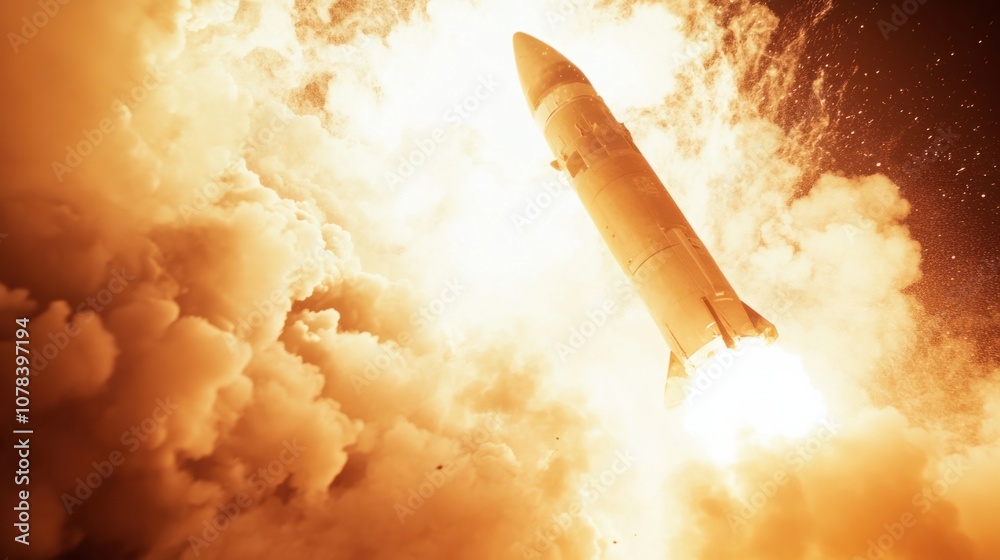 Naklejka premium Rocket blasting off with thick fire and smoke plume, filling the background with energy