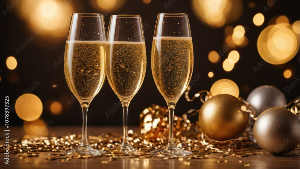 A table setup with champagne glasses filled with bubbly, surrounded by gold and silver party decorations like confetti, balloons, and streamers. A table setup with champagne glasses filled with bubbly, surrounded by gold and silver party decorations like confetti, balloons, and streamers.