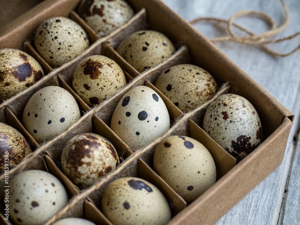 A Close-Up of Quail Eggs Nestled in a Rustic Paper Box Showcasing Their Delicate Speckles and Textures, Perfect for Culinary and Farm Fresh Concepts A Close-Up of Quail Eggs Nestled in a Rustic Paper Box Showcasing Their Delicate Speckles and Textures, Perfect for Culinary and Farm Fresh Concepts