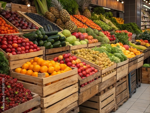 A Colorful Array of Fresh Fruits and Vegetables in Rustic Wooden Crates Capturing the Essence of a Vibrant Grocery Market Display