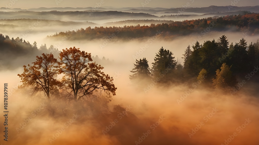 Misty autumn forest valley wrapped in orange smoke morning fog, foggy serene & mysterious beauty of nature landscape Misty autumn forest valley wrapped in orange smoke morning fog, foggy serene & mysterious beauty of nature landscape