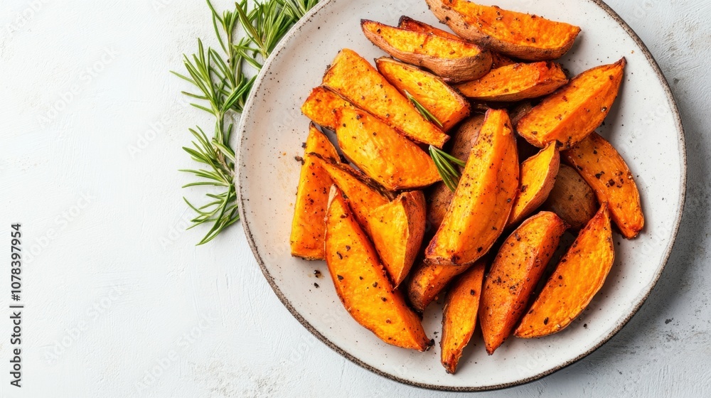 Plate of roasted sweet potatoes bright background clean layout copy space Plate of roasted sweet potatoes bright background clean layout copy space