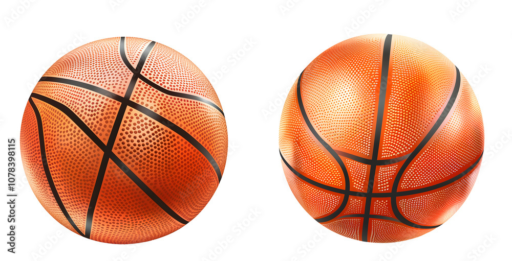 Obraz premium Realistic basketballs with detailed textures and patterns, showcasing vibrant orange colors and black lines, sports themed designs, isolated white background.