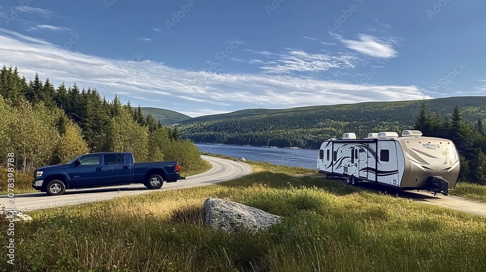 Truck and RV Trailer Journey Through Scenic Countryside Road, Embracing Adventure and Exploration.