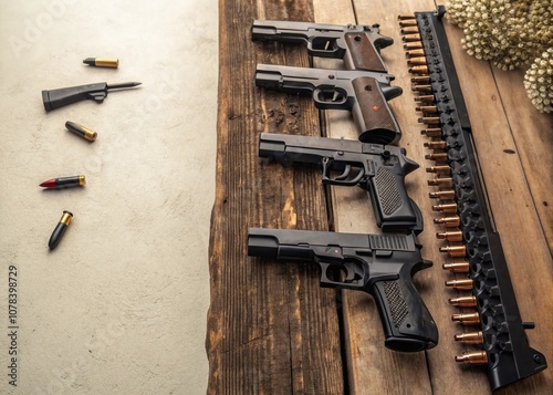 A Detailed Collection of Firearms Displayed on a Rustic Wooden Surface with Ample Copy Space for Text, Highlighting Various Types of Guns in an Engaging and Informative Style photo