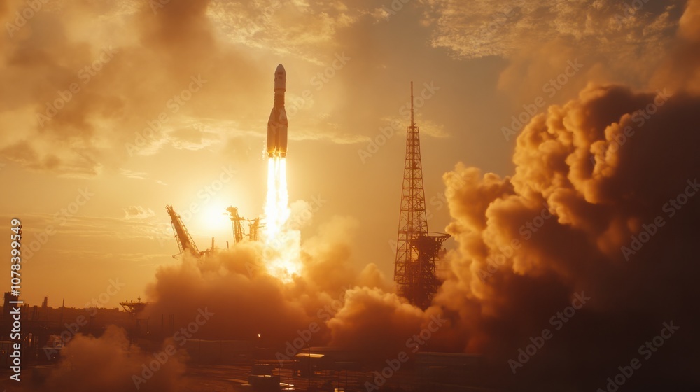 Obraz premium Rocket liftoff with glowing flames and dense smoke trailing, isolated against a bright sky