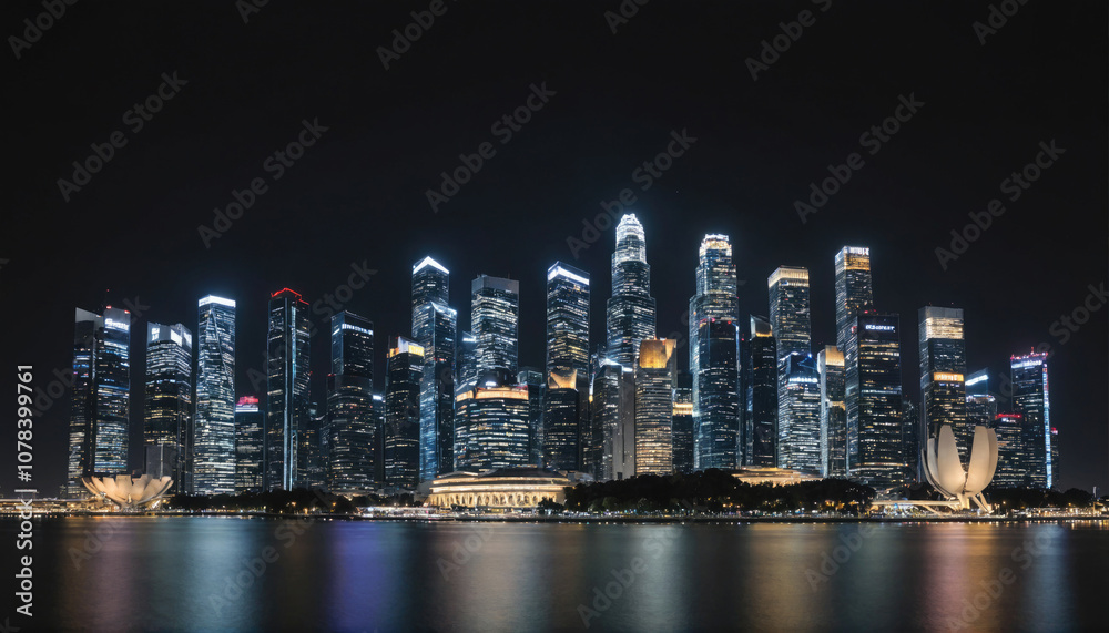 Fototapeta premium The Singapore skyline is illuminated at night, showcasing the city's iconic skyscrapers