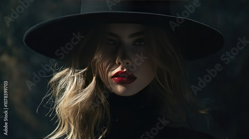 Mysterious young woman in black hat, red lips drawing attention in a stylish and dark setting.