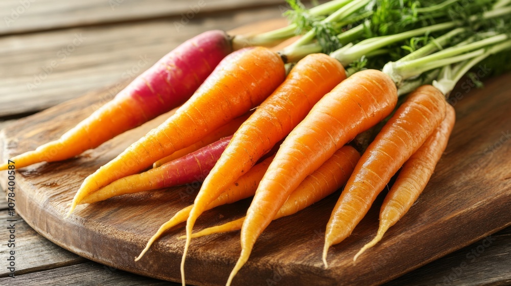 Fresh Orange and Purple Carrots on a Wooden Cutting Board Fresh Orange and Purple Carrots on a Wooden Cutting Board