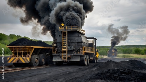 Steam locomotive emits thick black smoke transporting coal mines with freight truck. cloudy sky,  industrial transportation & environmental impact
