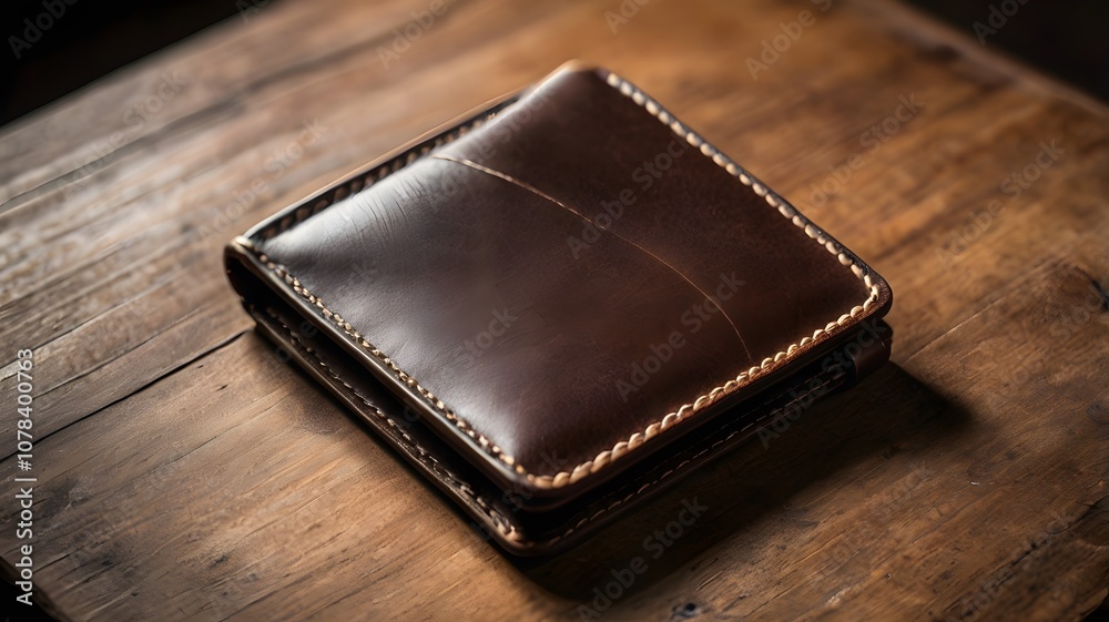 Brown sleek leather money wallet mockup on rustic wooden table with timeless style & practicality. Fashion finance accessories product Brown sleek leather money wallet mockup on rustic wooden table with timeless style & practicality. Fashion finance accessories product