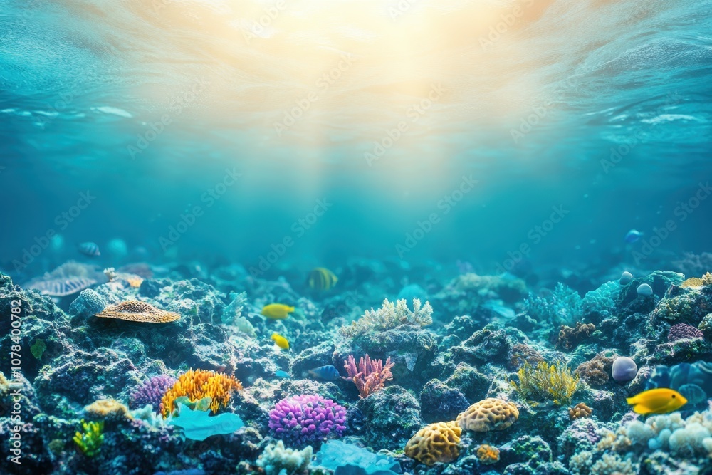 Fototapeta premium Vibrant coral reef teeming with marine life under sunny water surface in a tropical ocean