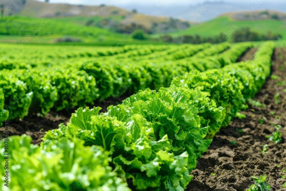 Cultivated field of lettuce growing in rows along the contour line skyscape. Neural network ai generated art Cultivated field of lettuce growing in rows along the contour line skyscape. Neural network ai generated art