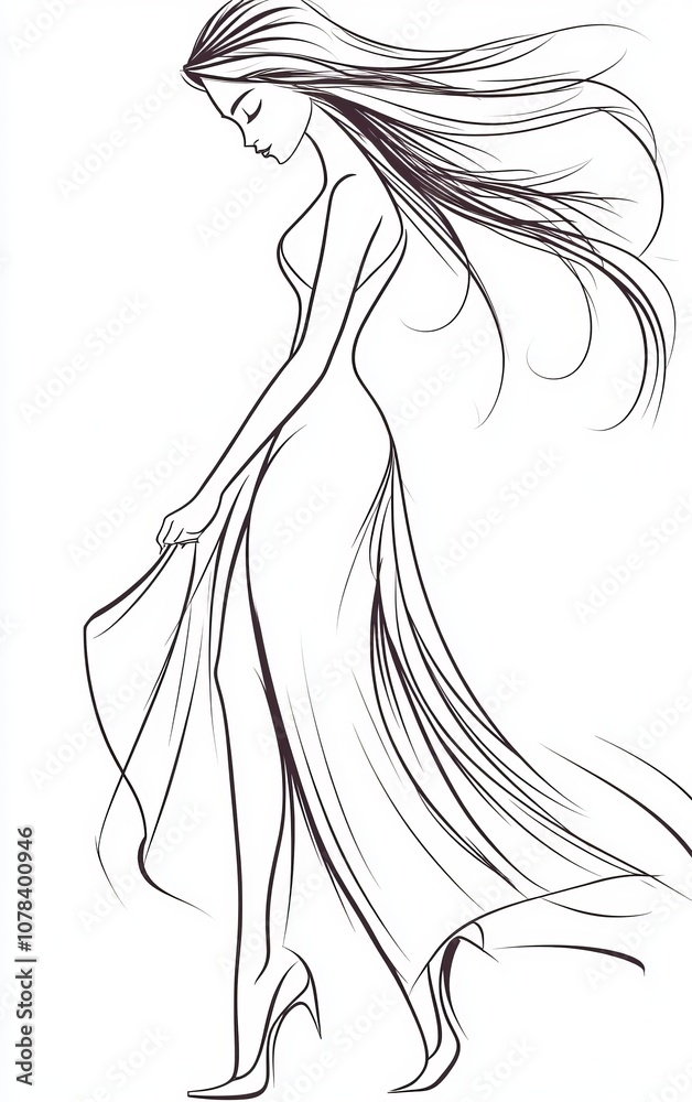 Graceful Woman in a Flowing Dress: A Captivating Line Art Illustration Graceful Woman in a Flowing Dress: A Captivating Line Art Illustration